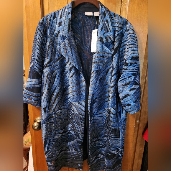 Chico’s Travelers Whimsy Mesh Stripe 3/4 Sleeve Jacket Wave Blue Size 3 NWT - Picture 1 of 6